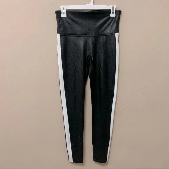 Spanx Black Faux Leather Leggings with White Side Stripe Size Large - Picture 4 of 14